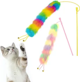 2 Pack Cat Wand Toy, Rainbow Cat Feather Toys with Bells, Teaser Wand with Soft Furry Tail, Interactive Toys for Indoor Cats & Kitten & Kitty