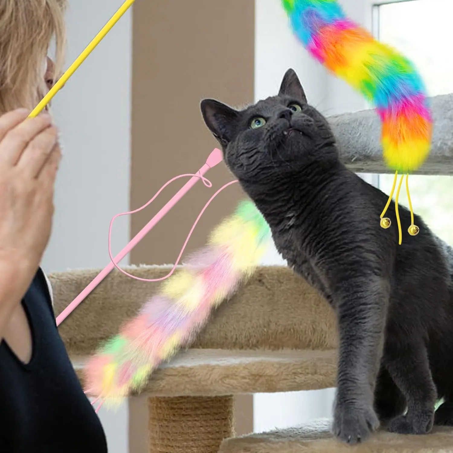 2 Pack Cat Wand Toy, Rainbow Cat Feather Toys with Bells, Teaser Wand with Soft Furry Tail, Interactive Toys for Indoor Cats & Kitten & Kitty