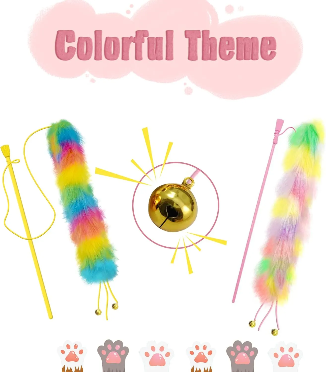 2 Pack Cat Wand Toy, Rainbow Cat Feather Toys with Bells, Teaser Wand with Soft Furry Tail, Interactive Toys for Indoor Cats & Kitten & Kitty