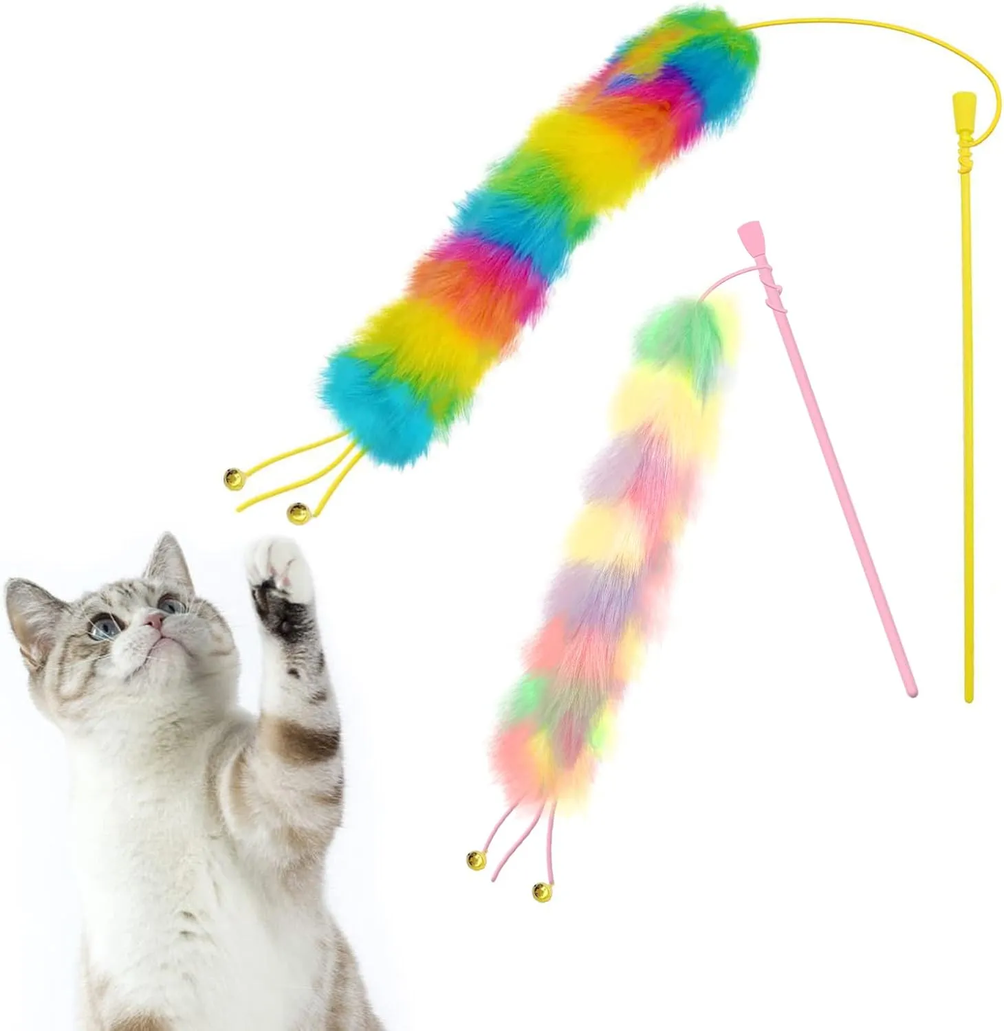 2 Pack Cat Wand Toy, Rainbow Cat Feather Toys with Bells, Teaser Wand with Soft Furry Tail, Interactive Toys for Indoor Cats & Kitten & Kitty