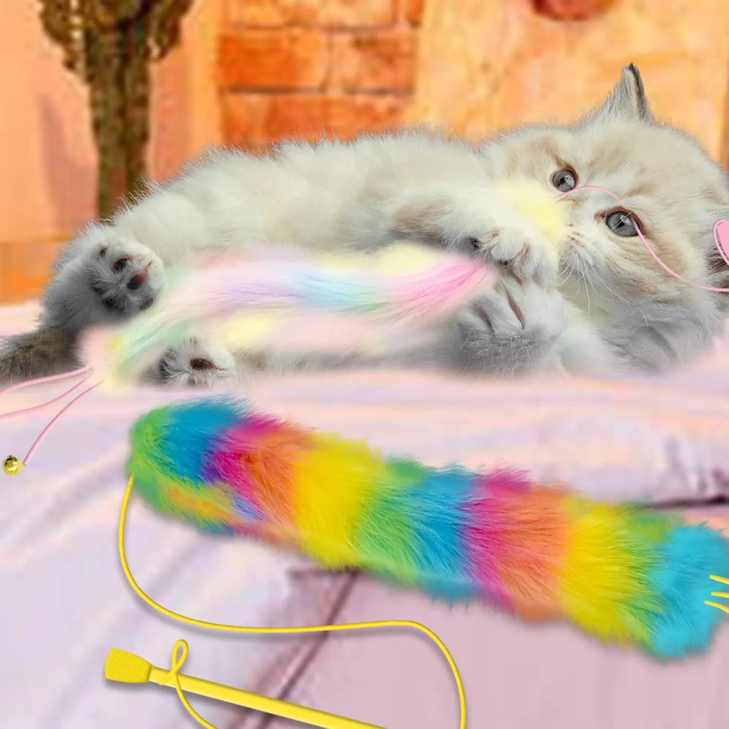 2 Pack Cat Wand Toy, Rainbow Cat Feather Toys with Bells, Teaser Wand with Soft Furry Tail, Interactive Toys for Indoor Cats & Kitten & Kitty