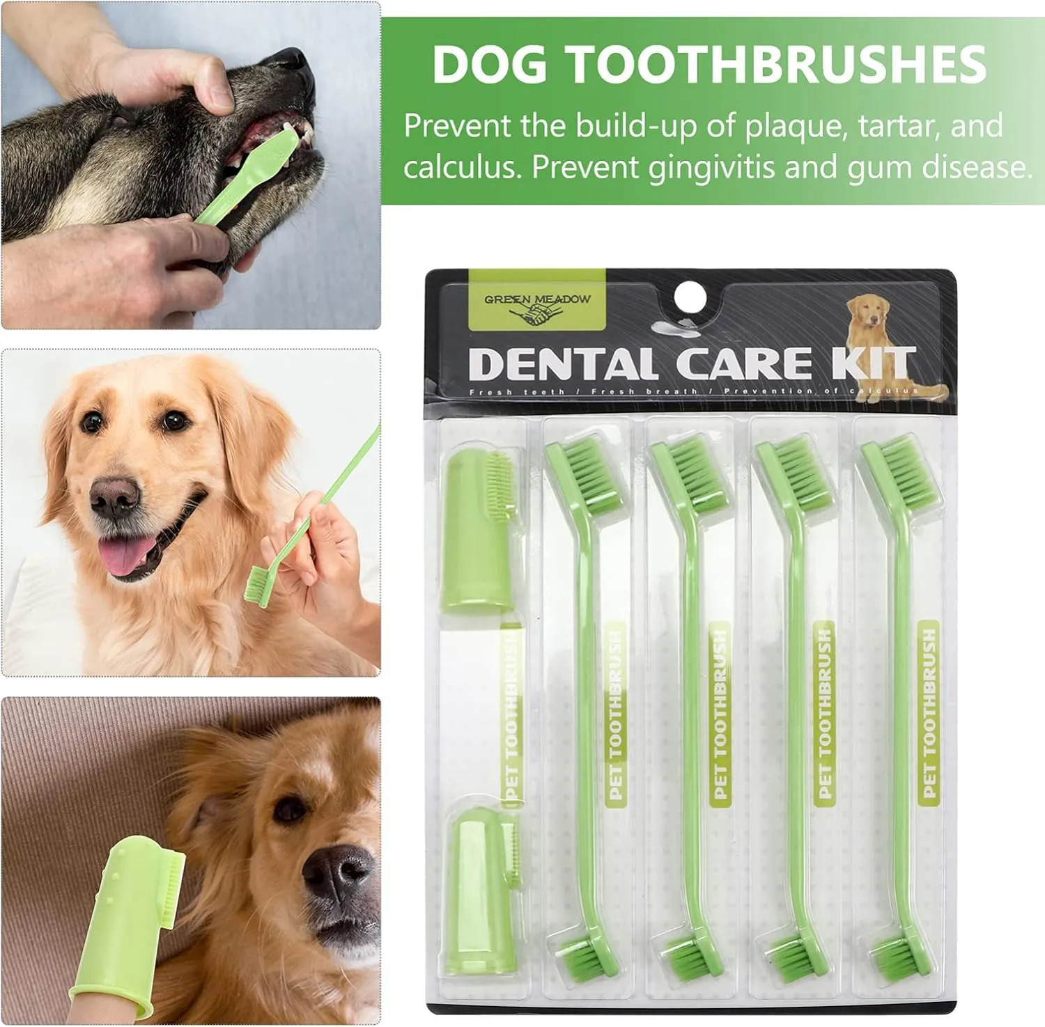 3 Sets Teeth Cleaning for Breeds: 6-Piece Dog Cat Toothbrush Kit Dual Brush Heads Extra-Long Handle Vet Recommended