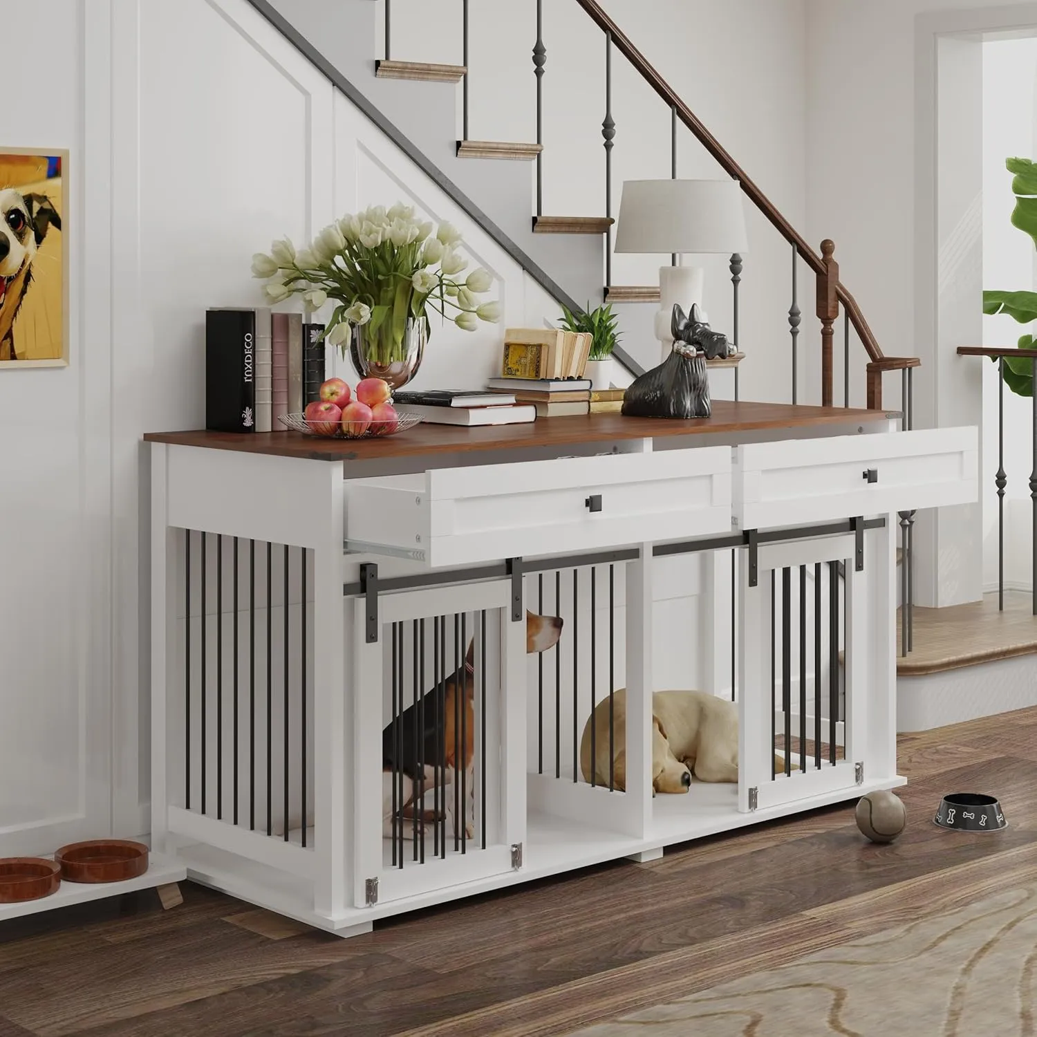 63'' Double Dog Crate Furniture for 2 Dogs, XXL Wooden 2 Dog Kennel, Wooden Dog Kennel with 2 Drawers,Divider and Sliding Door, Indoor Furniture Style Dog Crate End Table, White