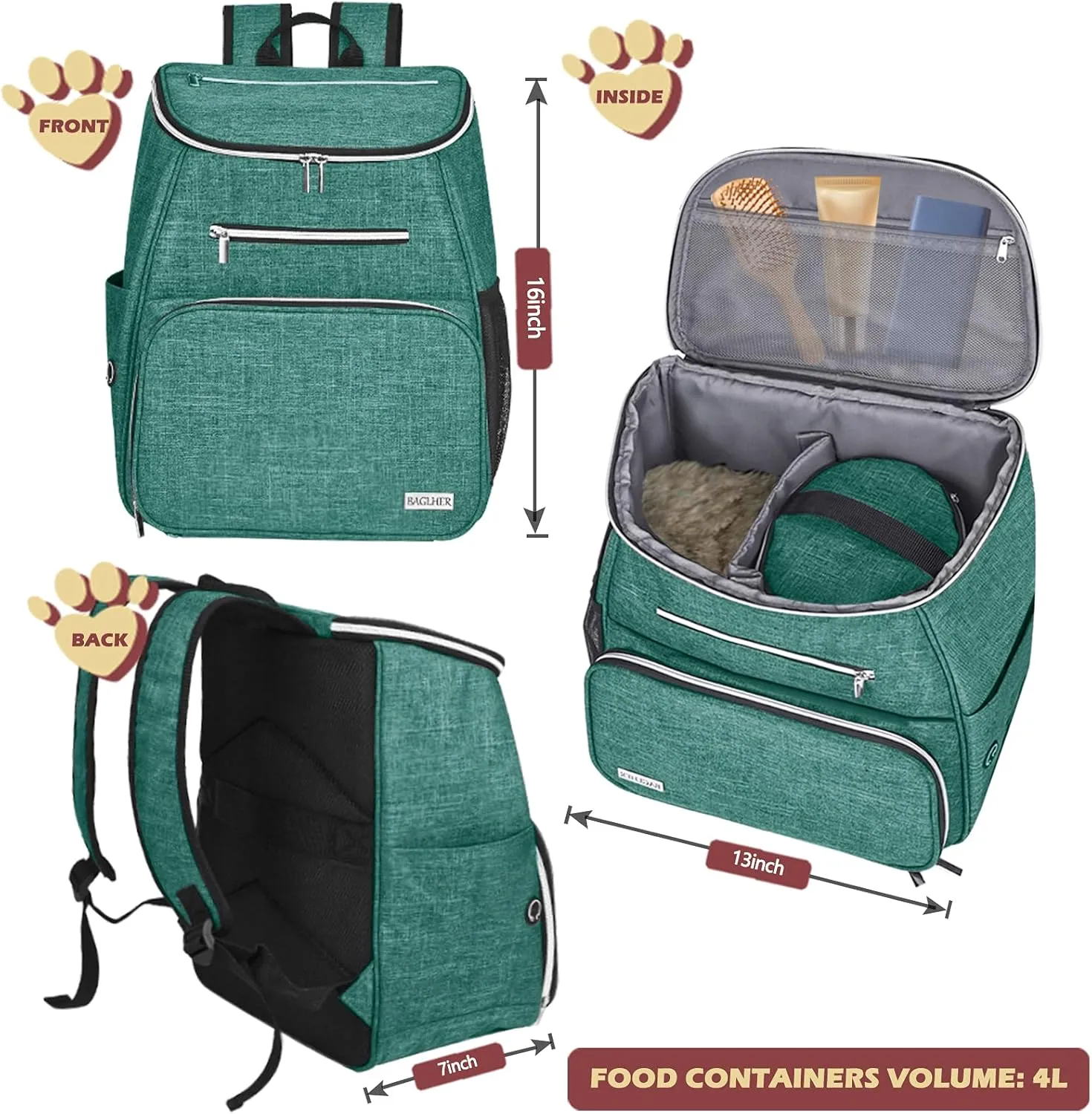 BAGLHERDog Travel Bag Backpack, Airline Approved Pet Supplies Backpack, Dog Travel Backpack with 2 Silicone Collapsible Bowls and 2 Food Baskets Green