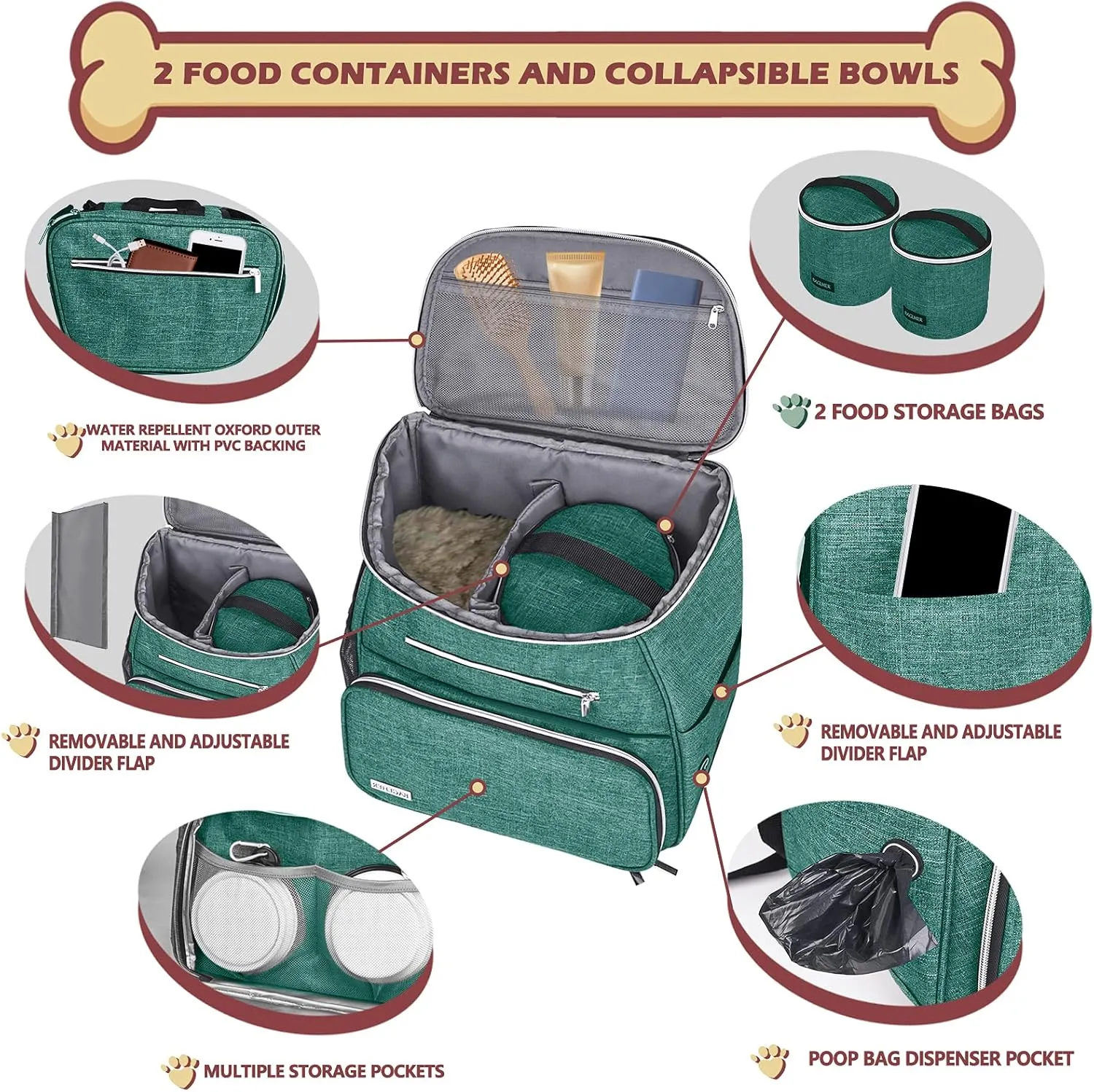 BAGLHERDog Travel Bag Backpack, Airline Approved Pet Supplies Backpack, Dog Travel Backpack with 2 Silicone Collapsible Bowls and 2 Food Baskets Green