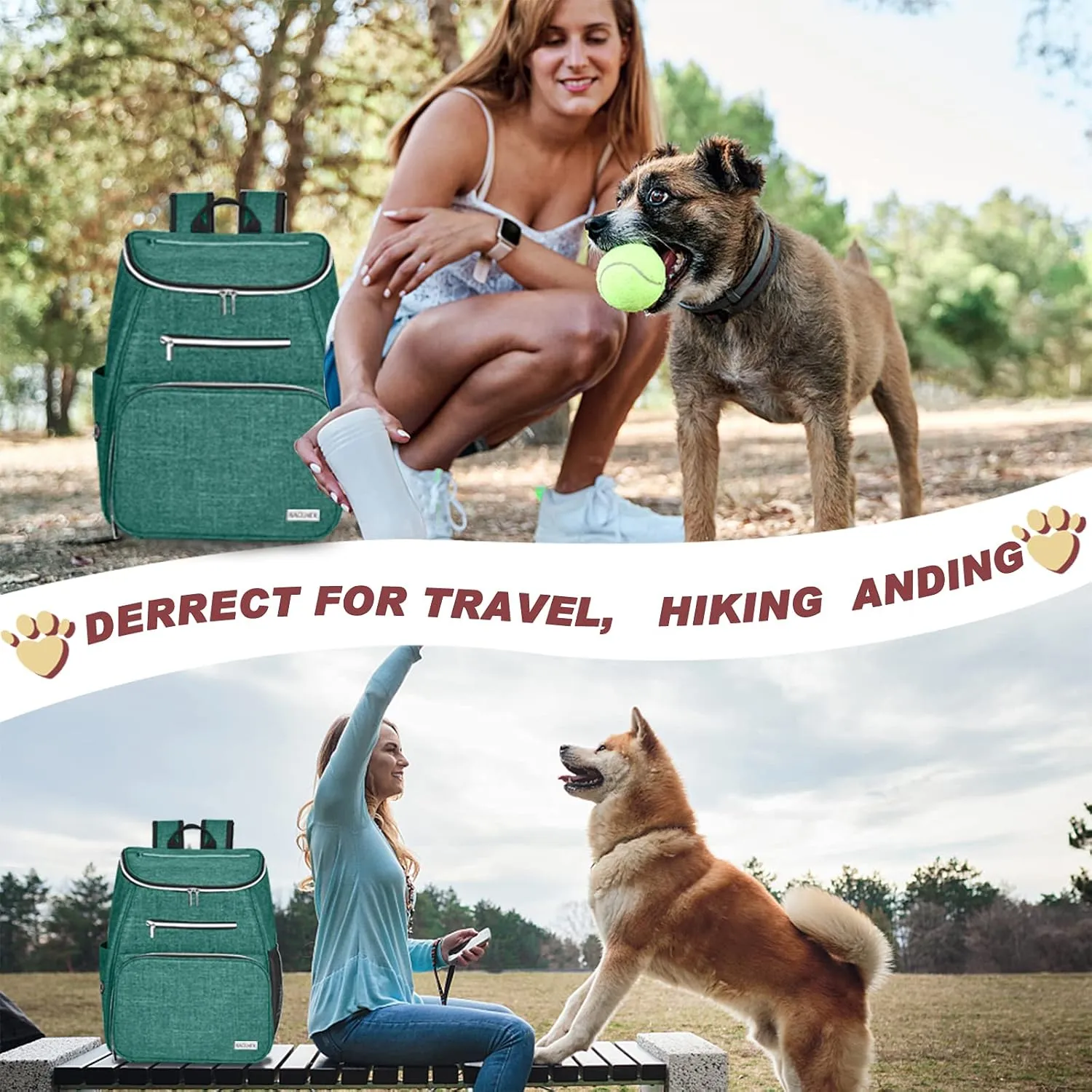 BAGLHERDog Travel Bag Backpack, Airline Approved Pet Supplies Backpack, Dog Travel Backpack with 2 Silicone Collapsible Bowls and 2 Food Baskets Green