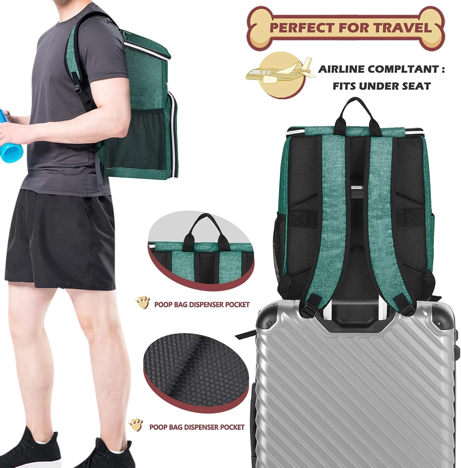 BAGLHERDog Travel Bag Backpack, Airline Approved Pet Supplies Backpack, Dog Travel Backpack with 2 Silicone Collapsible Bowls and 2 Food Baskets Green