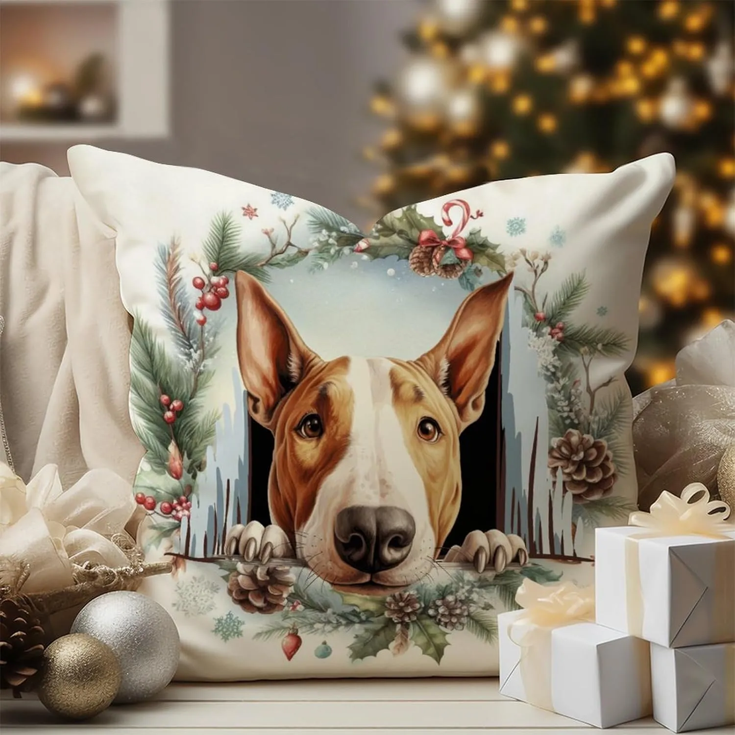 Bull Terrier Peeking Dog in Crack Cushion Covers Bull Terrier Sofa Pillowcase Pet Owner Gift Pillowcase 26x26in White Linen Pillows for Living Room Bedroom Housewarming Gift to Dog Mom