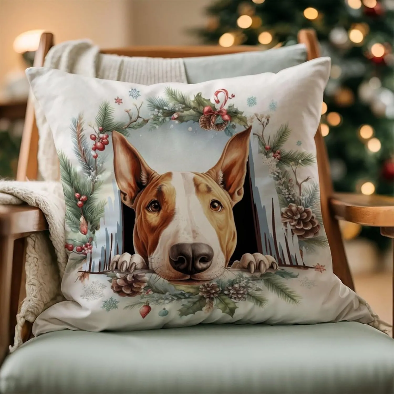 Bull Terrier Peeking Dog in Crack Cushion Covers Bull Terrier Sofa Pillowcase Pet Owner Gift Pillowcase 26x26in White Linen Pillows for Living Room Bedroom Housewarming Gift to Dog Mom