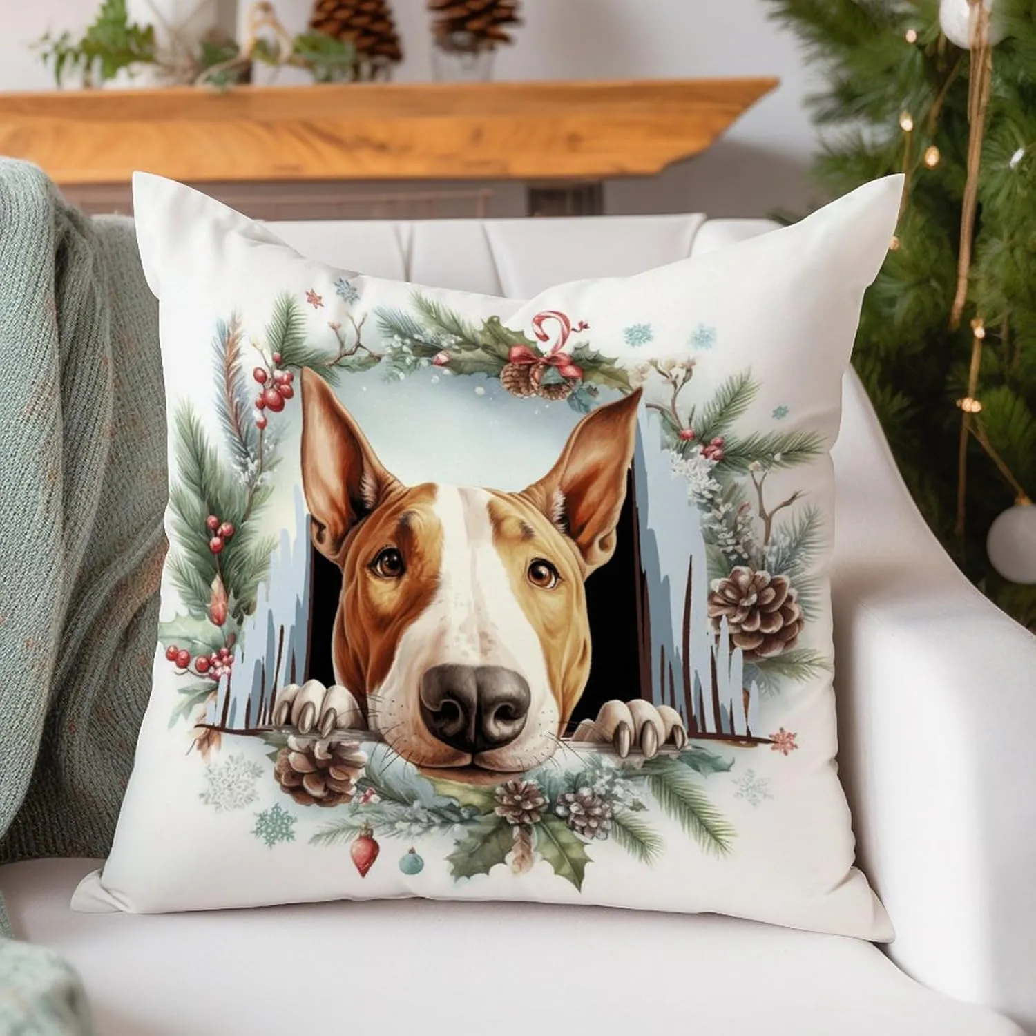 Bull Terrier Peeking Dog in Crack Cushion Covers Bull Terrier Sofa Pillowcase Pet Owner Gift Pillowcase 26x26in White Linen Pillows for Living Room Bedroom Housewarming Gift to Dog Mom