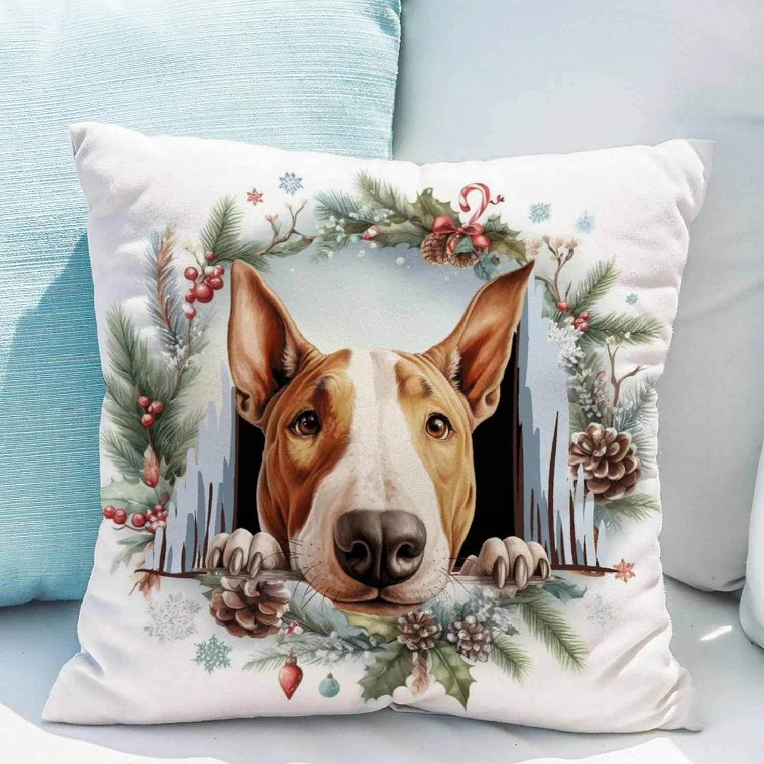 Bull Terrier Peeking Dog in Crack Cushion Covers Bull Terrier Sofa Pillowcase Pet Owner Gift Pillowcase 26x26in White Linen Pillows for Living Room Bedroom Housewarming Gift to Dog Mom