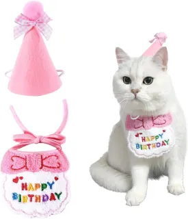 Cat Birthday Bandana Scarf and Party Hat Set - Mini Doggy Bib Pet Outfit Party Decorations (Pink)
