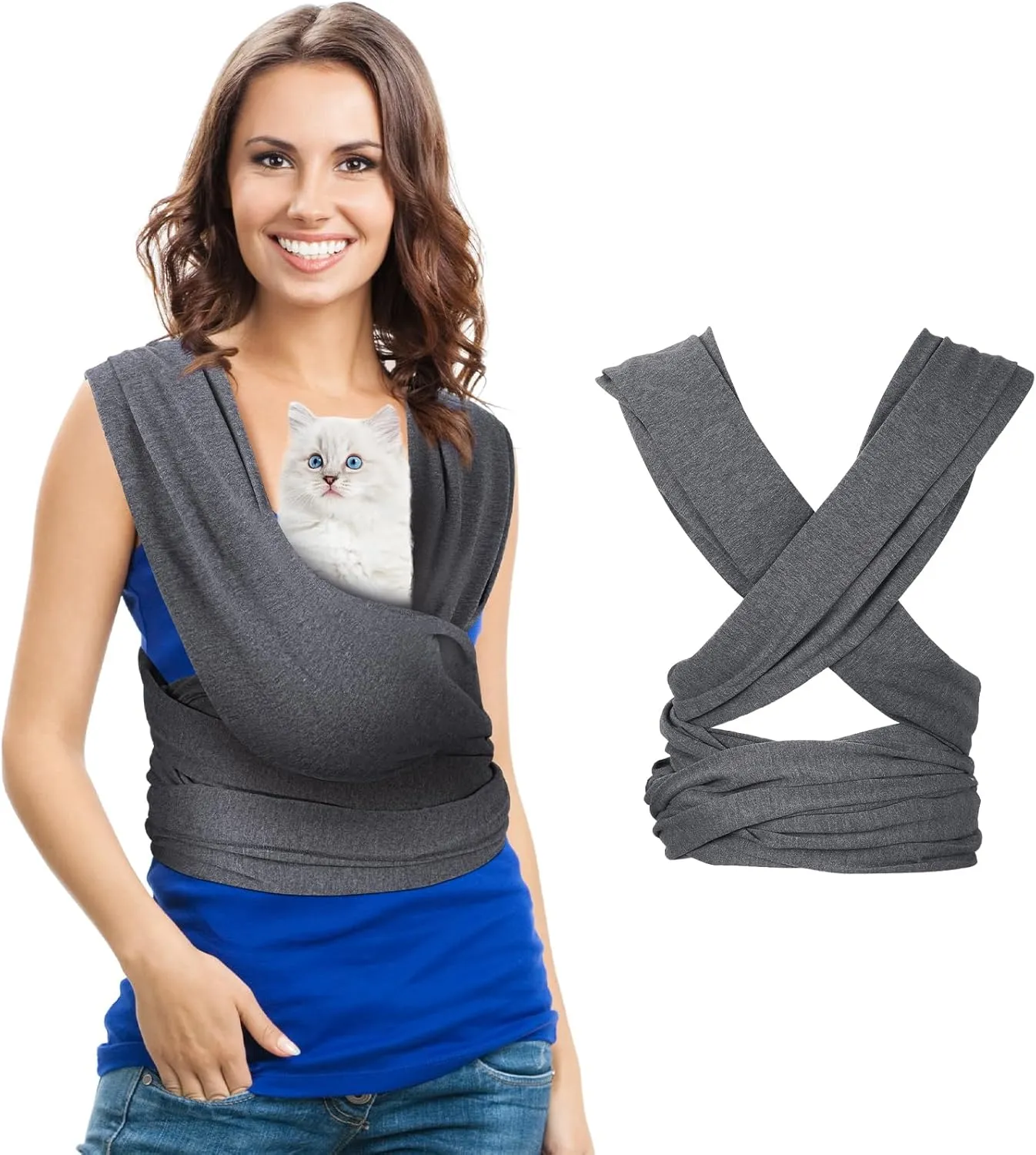 Cat Sling Carriers, Front Facing Dog Sling, Cat Wrap Carrier Chest, Hands Free, Size Adjustable, Soft Cotton, Swaddle Bag for Outdoor(Grey)