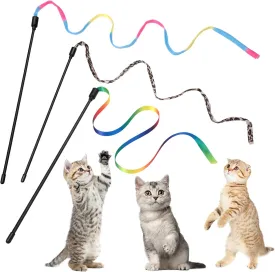 cobee 3 Packs Cat Wand Toy Set, 30cm Cat Interactive Wand with 60cm Rainbow Ribbon String  Rainbow Cloth String   Leopard Print Cloth String for Pet Kitten Training Exerciser Indoor Kitten Catcher