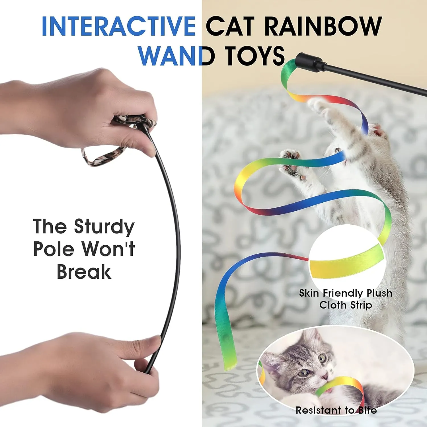 cobee 3 Packs Cat Wand Toy Set, 30cm Cat Interactive Wand with 60cm Rainbow Ribbon String  Rainbow Cloth String   Leopard Print Cloth String for Pet Kitten Training Exerciser Indoor Kitten Catcher