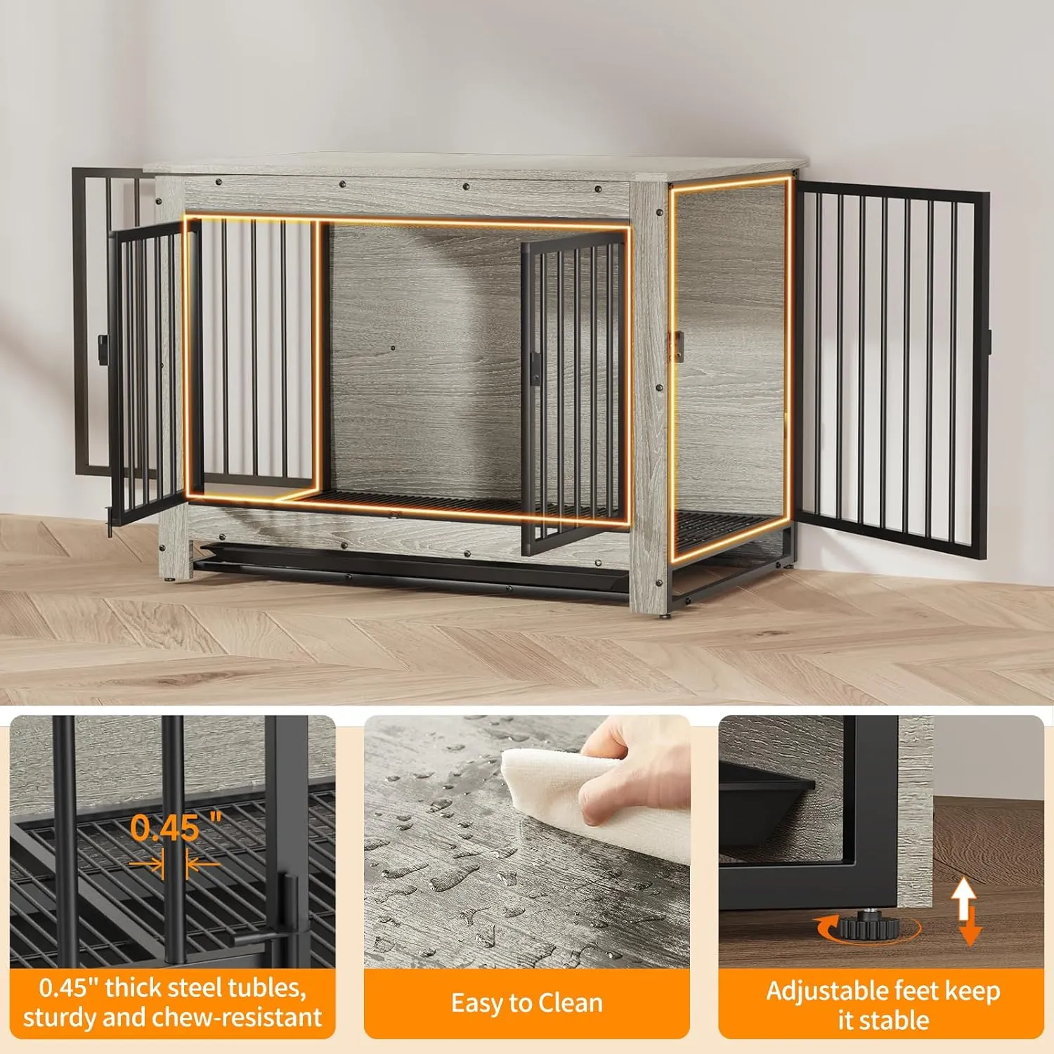 Dog Crate Furniture, Dog Crate End Table for Medium and Large Dogs,Wooden Cage Kennel Furniture Indoor, Modern Dog Crate with Multi-Purpose Removable Tray, Double-Doors Dog Furniture