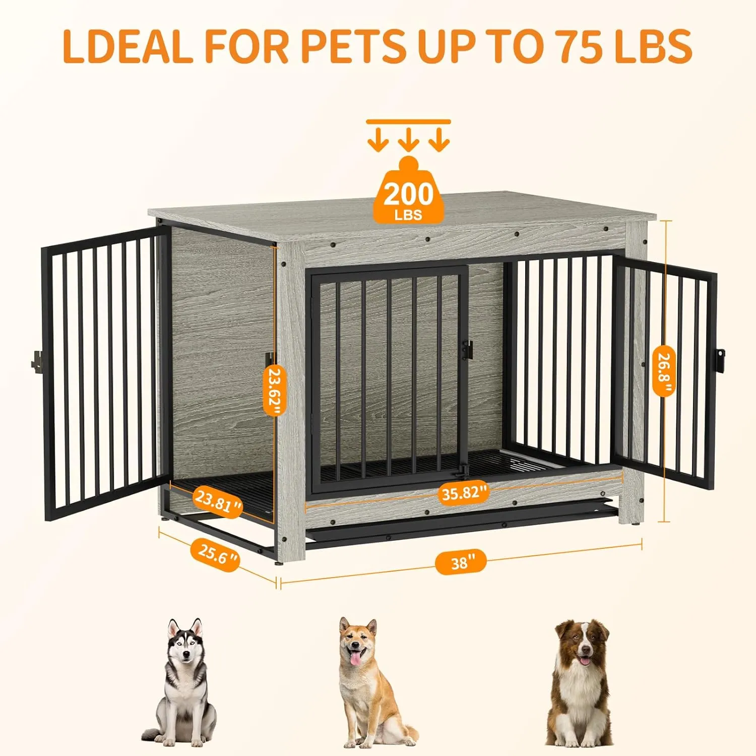 Dog Crate Furniture, Dog Crate End Table for Medium and Large Dogs,Wooden Cage Kennel Furniture Indoor, Modern Dog Crate with Multi-Purpose Removable Tray, Double-Doors Dog Furniture