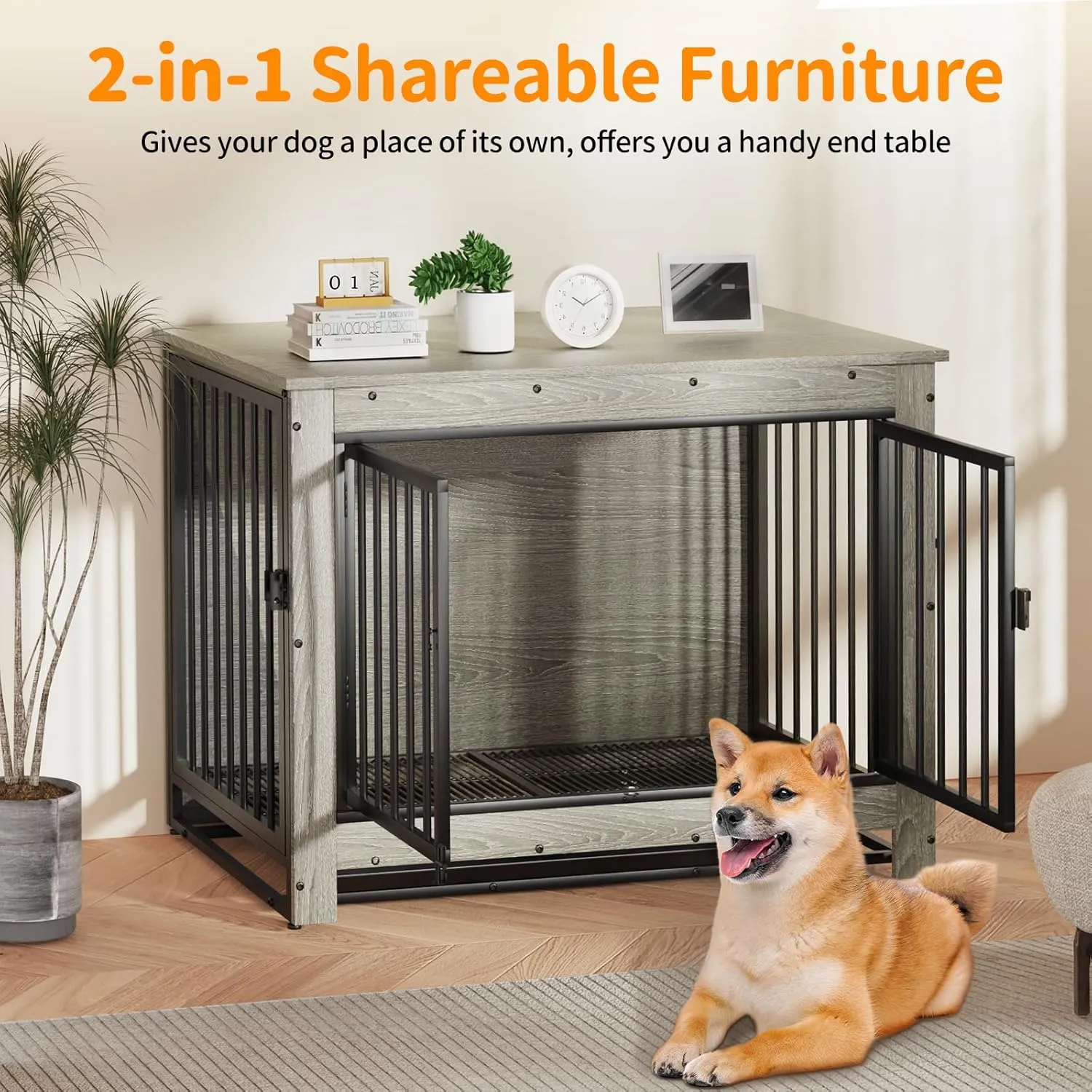 Dog Crate Furniture, Dog Crate End Table for Medium and Large Dogs,Wooden Cage Kennel Furniture Indoor, Modern Dog Crate with Multi-Purpose Removable Tray, Double-Doors Dog Furniture