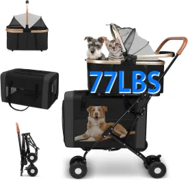 Dog Stroller for Small & Medium Pets  3-in-1 Travel System with Dual Detachable Carriers, Foldable & Lightweight Pet Stroller for Cats and Dogs up to 77 lbs, Durable Design with Safety Features