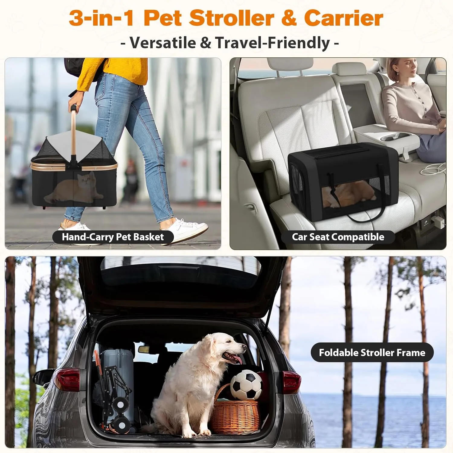 Dog Stroller for Small & Medium Pets  3-in-1 Travel System with Dual Detachable Carriers, Foldable & Lightweight Pet Stroller for Cats and Dogs up to 77 lbs, Durable Design with Safety Features