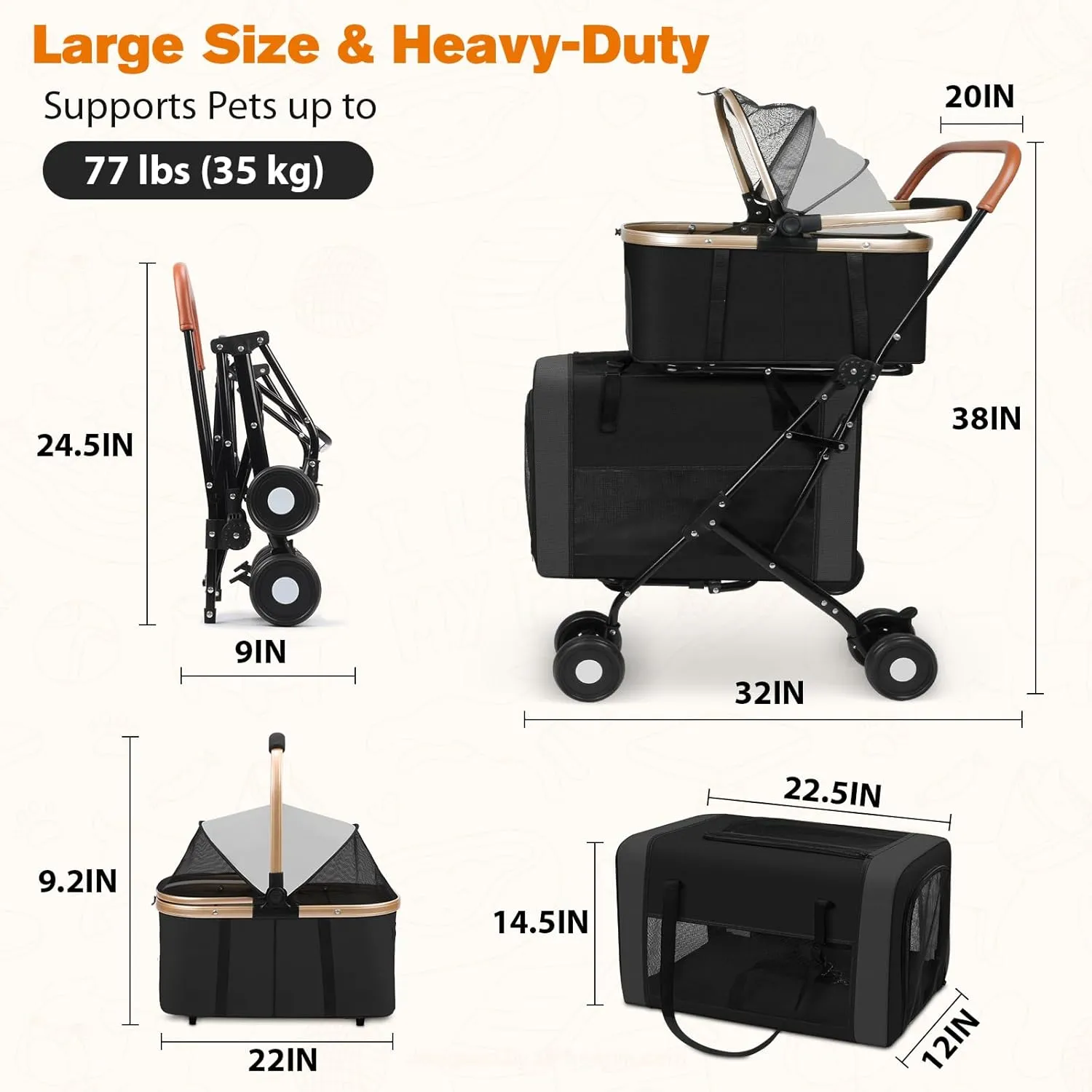 Dog Stroller for Small & Medium Pets  3-in-1 Travel System with Dual Detachable Carriers, Foldable & Lightweight Pet Stroller for Cats and Dogs up to 77 lbs, Durable Design with Safety Features