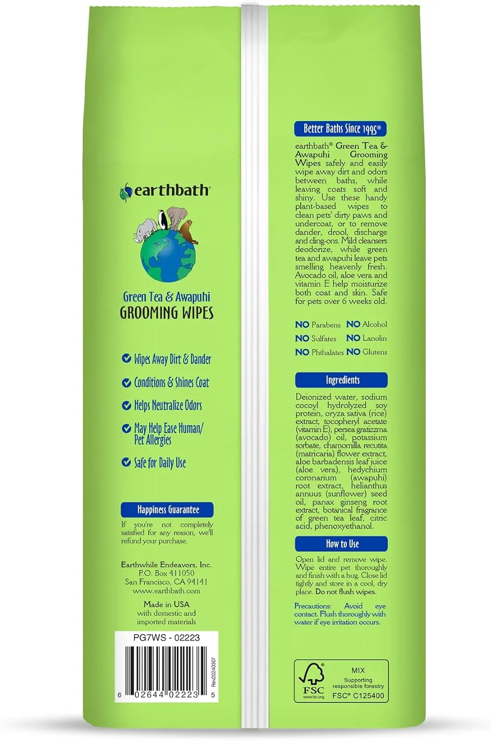 earthbath Green Tea and Awapuhi Grooming Wipes- Dog and Cat Cleaning Wipes for Paws and Butt, Cruelty-Free, Removes Dirt and Dander- 100 Count, 1 Pack