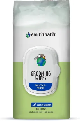 earthbath Green Tea and Awapuhi Grooming Wipes- Dog and Cat Cleaning Wipes for Paws and Butt, Cruelty-Free, Removes Dirt and Dander- 100 Count, 1 Pack