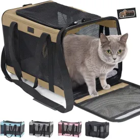 GORILLA GRIP Cat Carrier Travel Bag Up to 15 Lbs, Soft Collapsible Dog Carriers, Kennel for Small Animals, Top and Side Entry Breathable Mesh, Grip Feet Underside, Cozy Washable Waterproof Pad, Beige