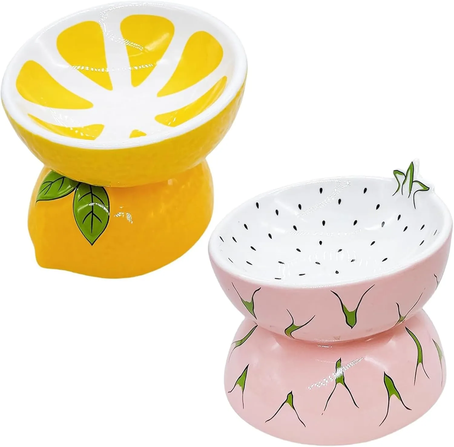 Hamiledyi Ceramic Raised Cat Bowl Anti Vomiting Elevated Tilted Cat Food & Water Bowls 2PCS Pet Feeder Dish for Indoor Kitty and Small Dogs(Lemons & Pitaya).