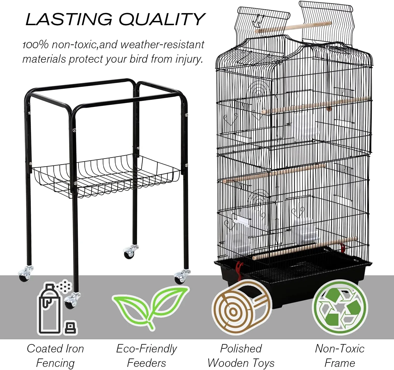 HCY Bird Cage Parakeet 64 inch Open Top Standing Parrot Accessories with Rolling Stand for Medium Small Cockatiel Canary Conure Finches Budgie Lovebirds Pet Storage Shelf, Black, 64x13x17 (Pack of 1)