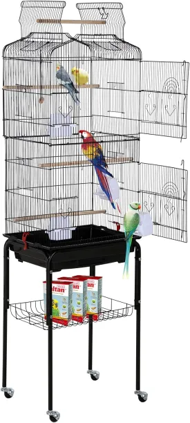 HCY Bird Cage Parakeet 64 inch Open Top Standing Parrot Accessories with Rolling Stand for Medium Small Cockatiel Canary Conure Finches Budgie Lovebirds Pet Storage Shelf, Black, 64x13x17 (Pack of 1)