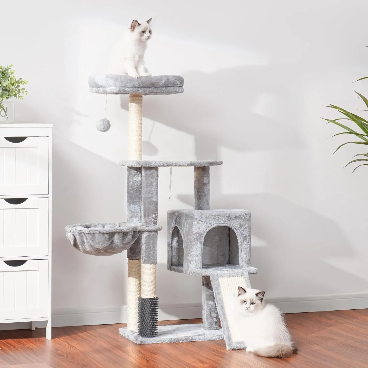 Heybly Cat Tree with Cat Self Groomer Brush, Cat Tower Condo for Indoor Cats with Padded Plush Perch,Cat House with Basket Scratching Board Post, Light Gray HCT005SW