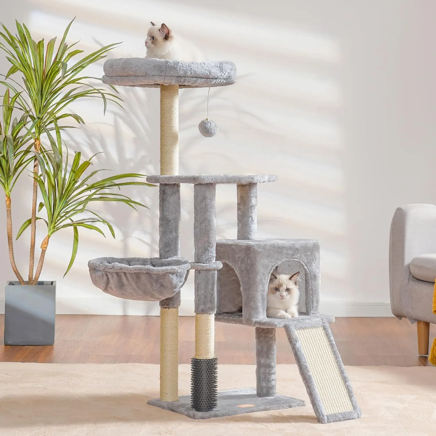Heybly Cat Tree with Cat Self Groomer Brush, Cat Tower Condo for Indoor Cats with Padded Plush Perch,Cat House with Basket Scratching Board Post, Light Gray HCT005SW