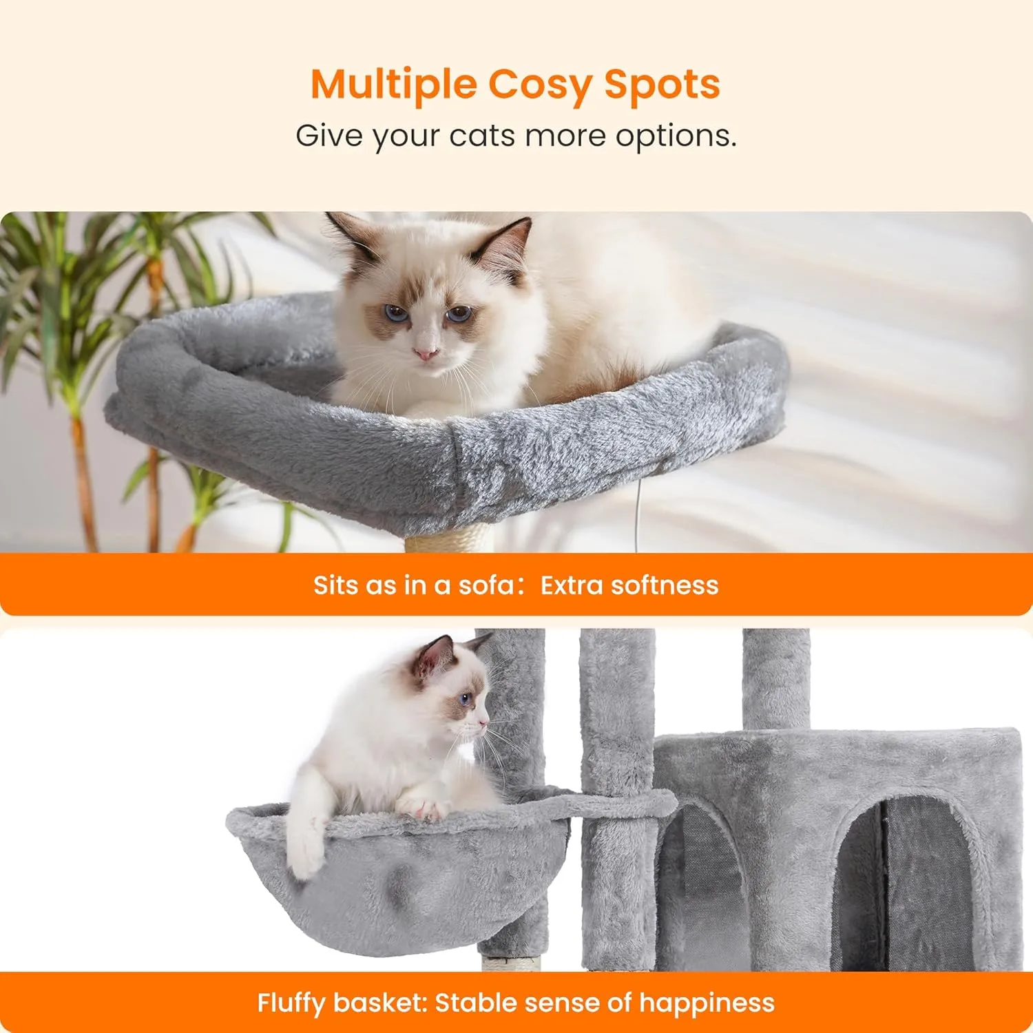 Heybly Cat Tree with Cat Self Groomer Brush, Cat Tower Condo for Indoor Cats with Padded Plush Perch,Cat House with Basket Scratching Board Post, Light Gray HCT005SW