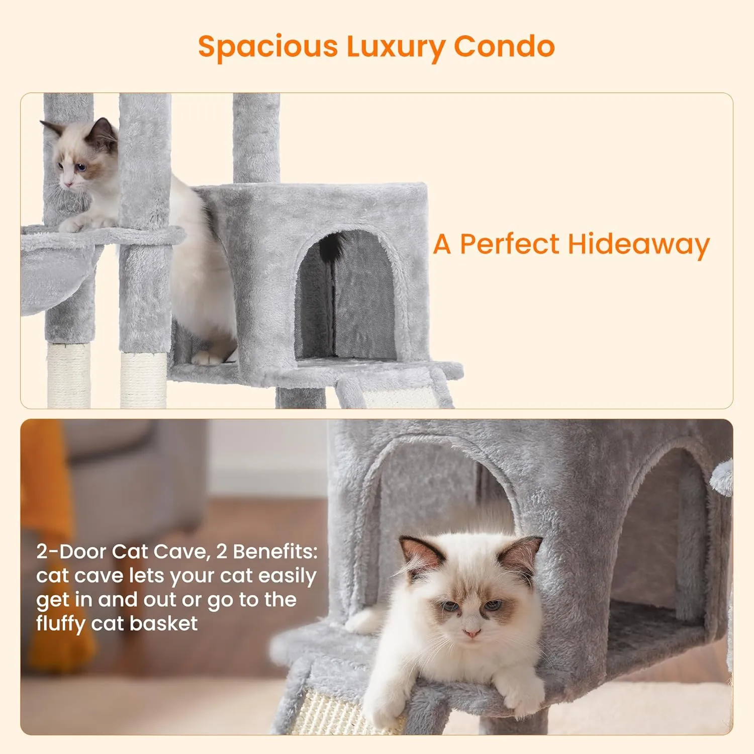 Heybly Cat Tree with Cat Self Groomer Brush, Cat Tower Condo for Indoor Cats with Padded Plush Perch,Cat House with Basket Scratching Board Post, Light Gray HCT005SW
