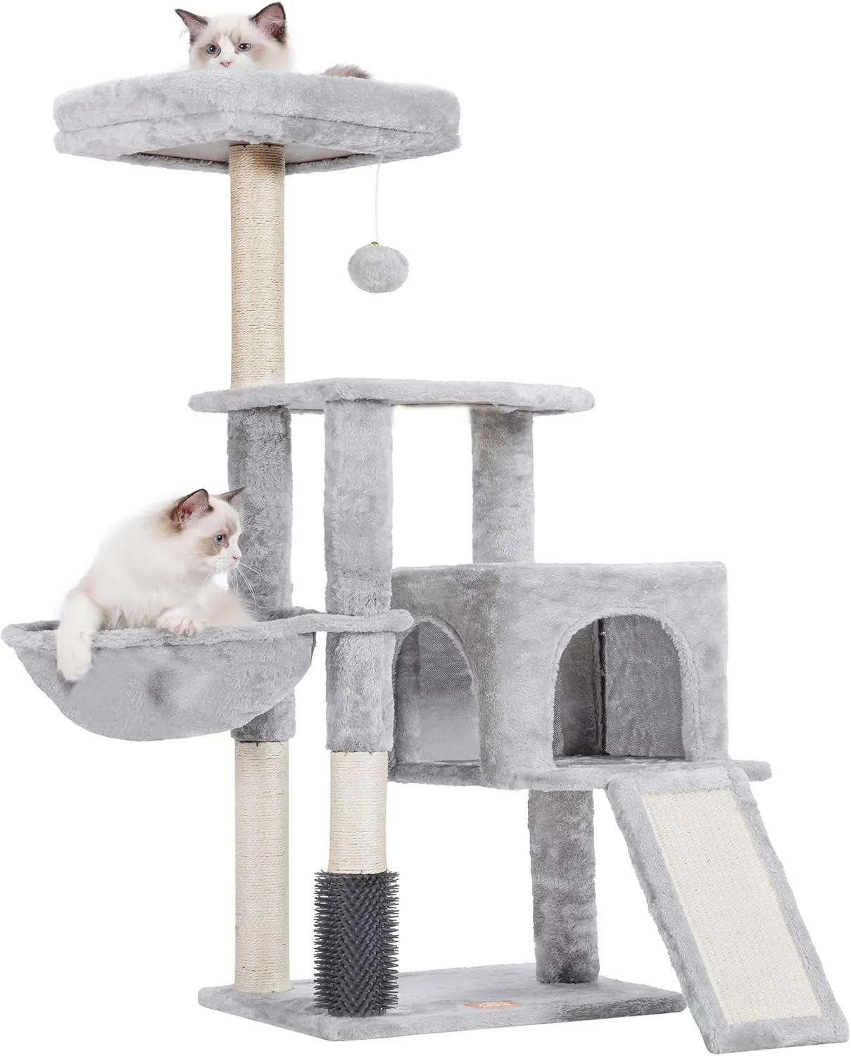 Heybly Cat Tree with Cat Self Groomer Brush, Cat Tower Condo for Indoor Cats with Padded Plush Perch,Cat House with Basket Scratching Board Post, Light Gray HCT005SW
