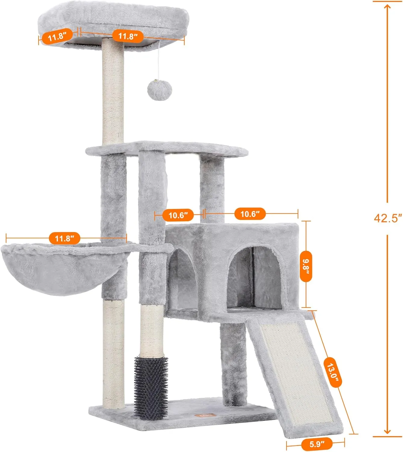 Heybly Cat Tree with Cat Self Groomer Brush, Cat Tower Condo for Indoor Cats with Padded Plush Perch,Cat House with Basket Scratching Board Post, Light Gray HCT005SW