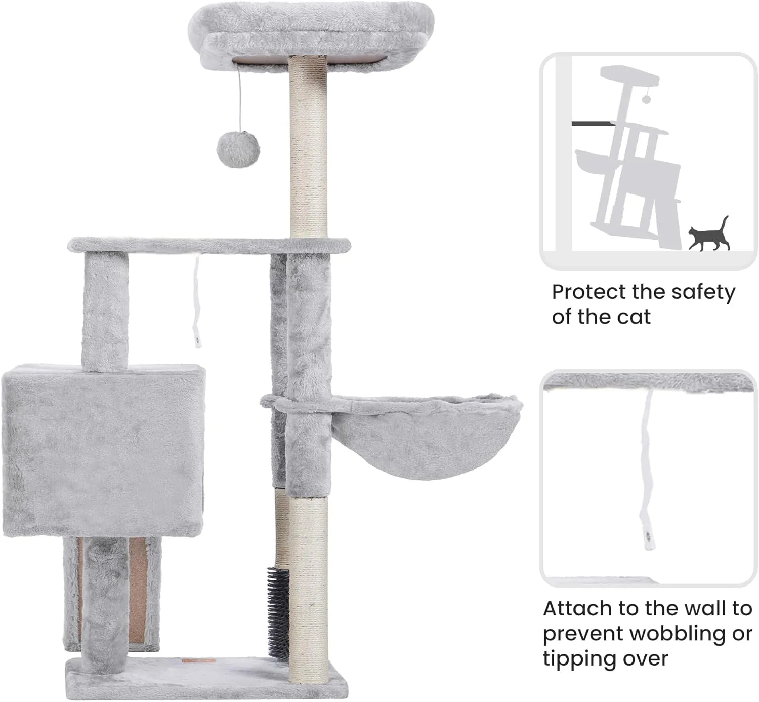 Heybly Cat Tree with Cat Self Groomer Brush, Cat Tower Condo for Indoor Cats with Padded Plush Perch,Cat House with Basket Scratching Board Post, Light Gray HCT005SW