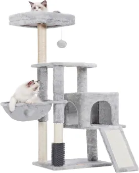 Heybly Cat Tree with Cat Self Groomer Brush, Cat Tower Condo for Indoor Cats with Padded Plush Perch,Cat House with Basket Scratching Board Post, Light Gray HCT005SW