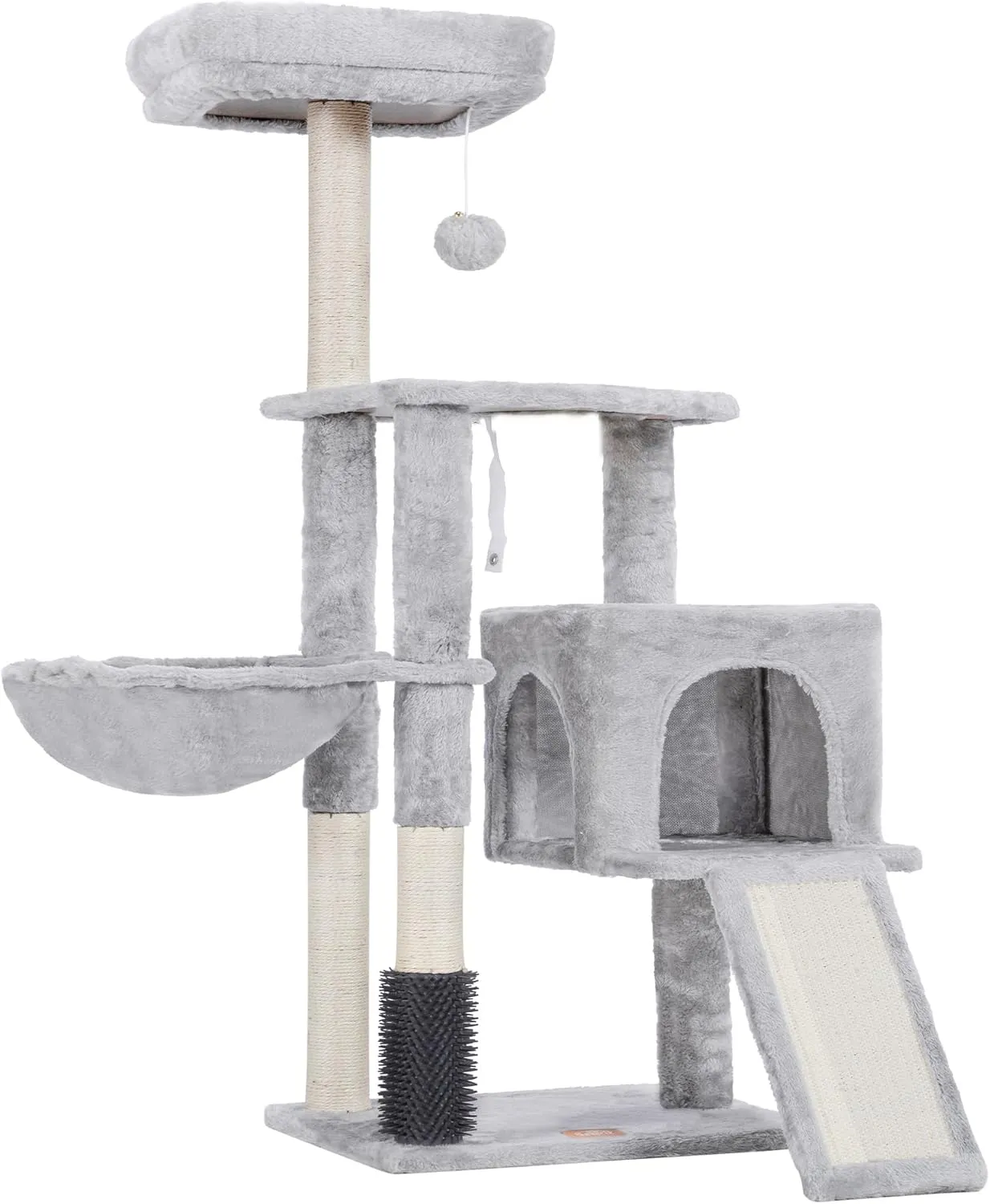 Heybly Cat Tree with Cat Self Groomer Brush, Cat Tower Condo for Indoor Cats with Padded Plush Perch,Cat House with Basket Scratching Board Post, Light Gray HCT005SW