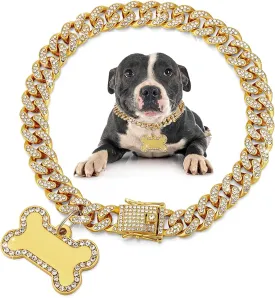 Hillban Dog Chain Golden Diamond Collar with Pet ID Jewelry Tags Rhinestones Stainless Steel Metal Link Collar Walking Chain Necklace for Puppy Boys Girls Small Dogs(8 Inch)