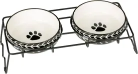 Housewares Ceramic Pet Bowl Set - Food Water Bowls for Cats, Small Dogs and Puppies with Sturdy Metal Stand - Set of 2 5in. Bowls, 12 oz Each