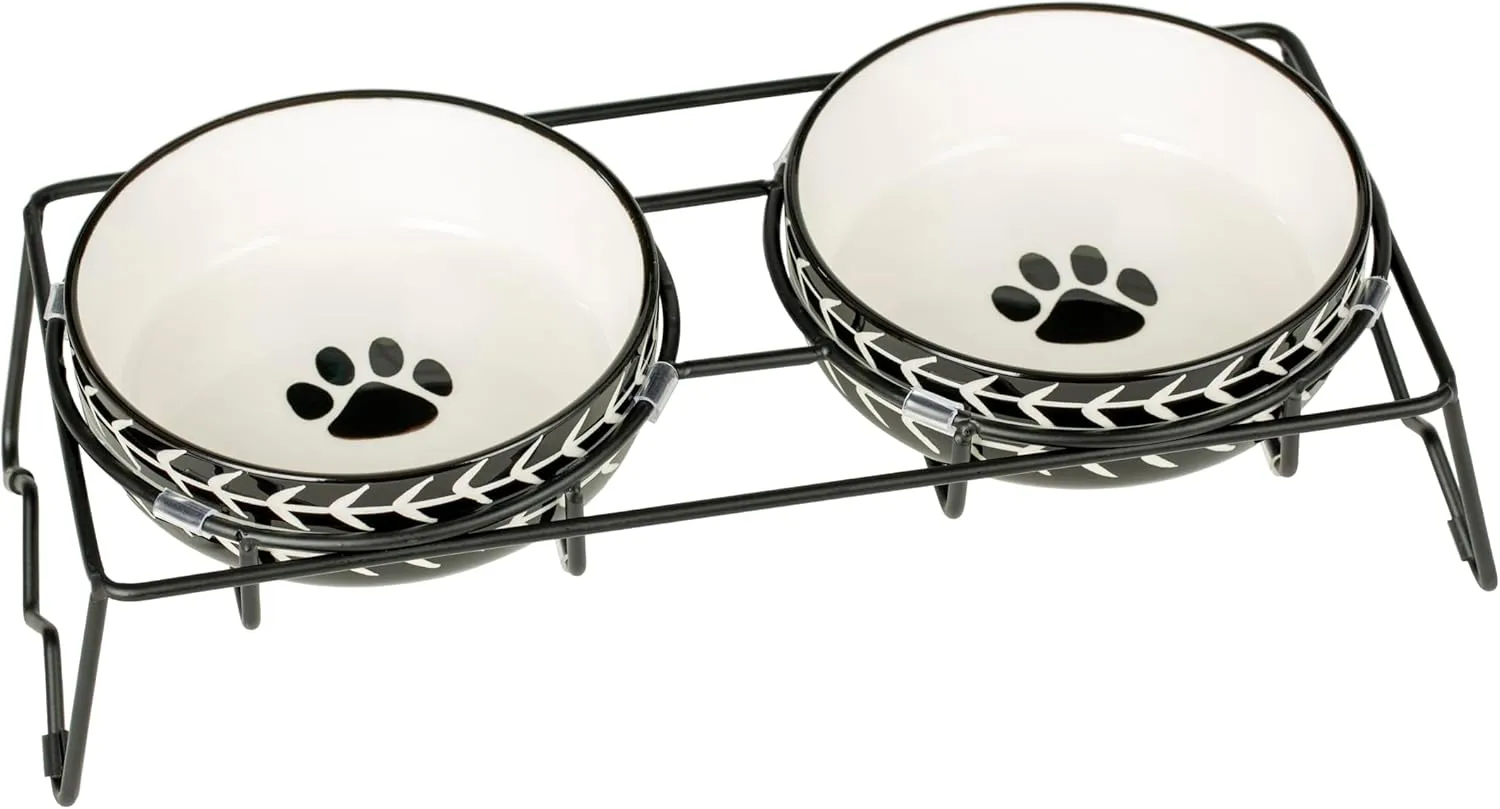 Housewares Ceramic Pet Bowl Set - Food Water Bowls for Cats, Small Dogs and Puppies with Sturdy Metal Stand - Set of 2 5in. Bowls, 12 oz Each