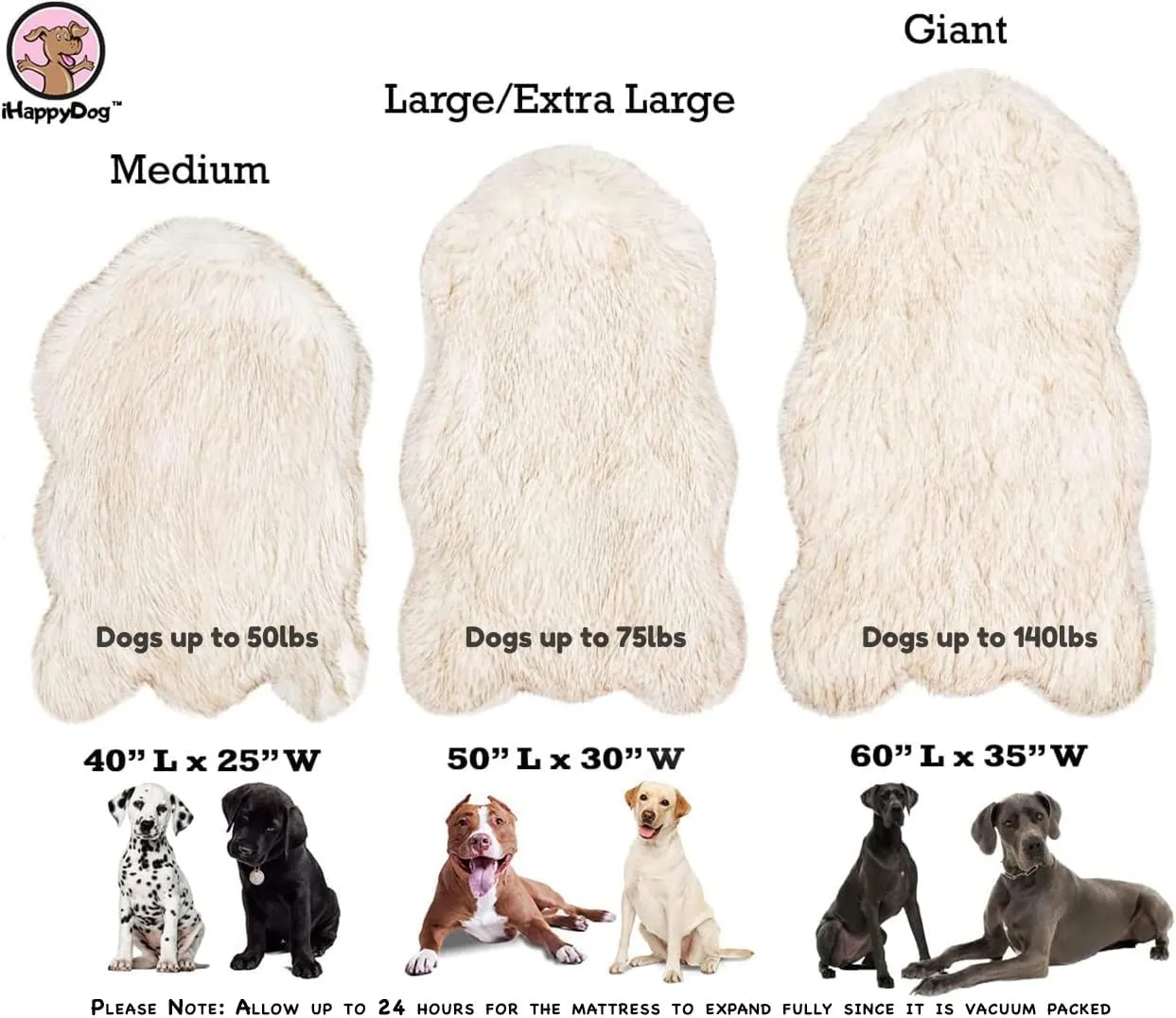 IHAPPYDOG Luxury Faux Fur Orthopedic Dog Bed, Memory Foam Dog Bed for Small, Medium, Large and XL Pets, Fluffy Pet Bed with Waterproof and Washable Cover, White, Large/Extra Large 50x30