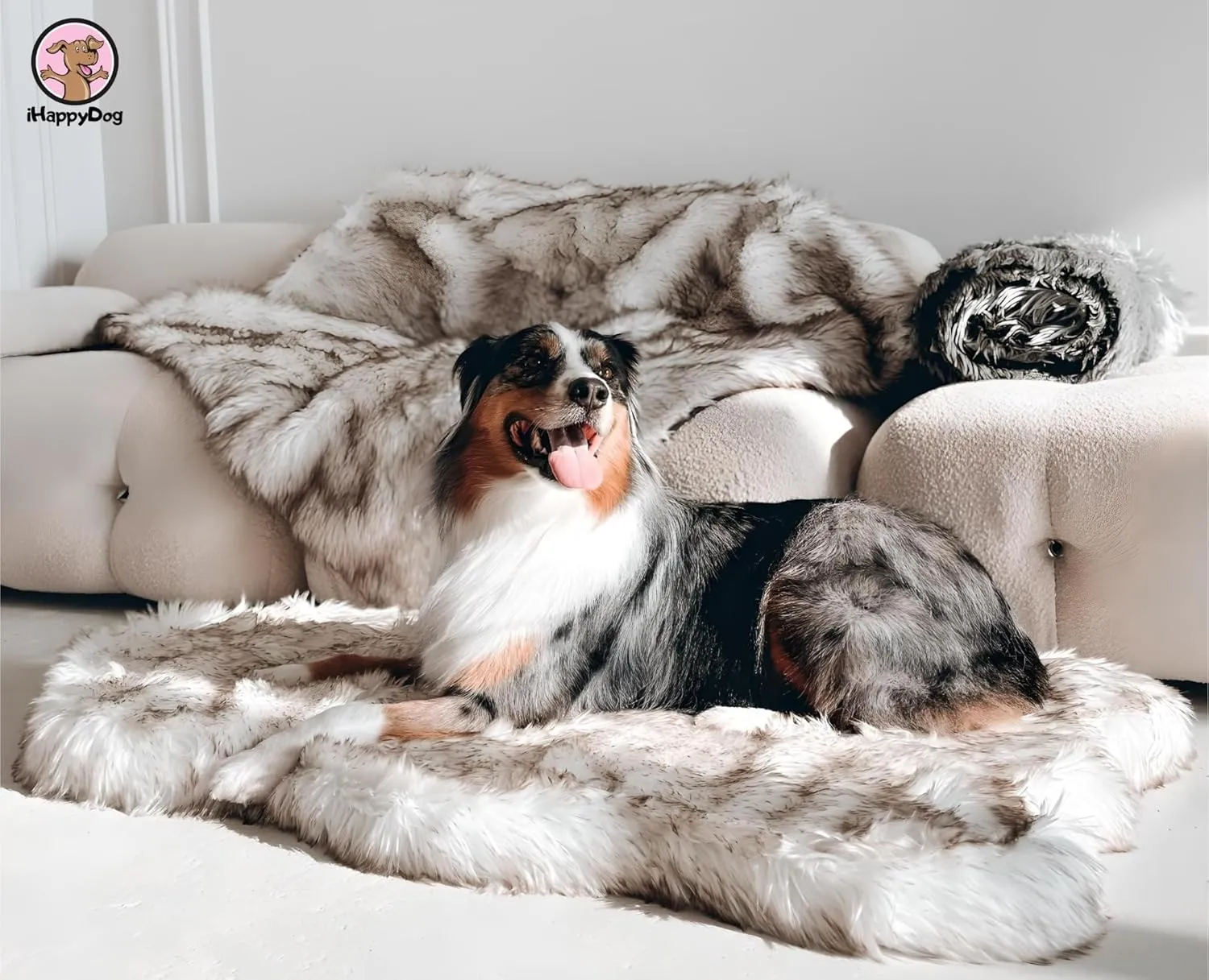 IHAPPYDOG Luxury Faux Fur Orthopedic Dog Bed, Memory Foam Dog Bed for Small, Medium, Large and XL Pets, Fluffy Pet Bed with Waterproof and Washable Cover, White, Large/Extra Large 50x30