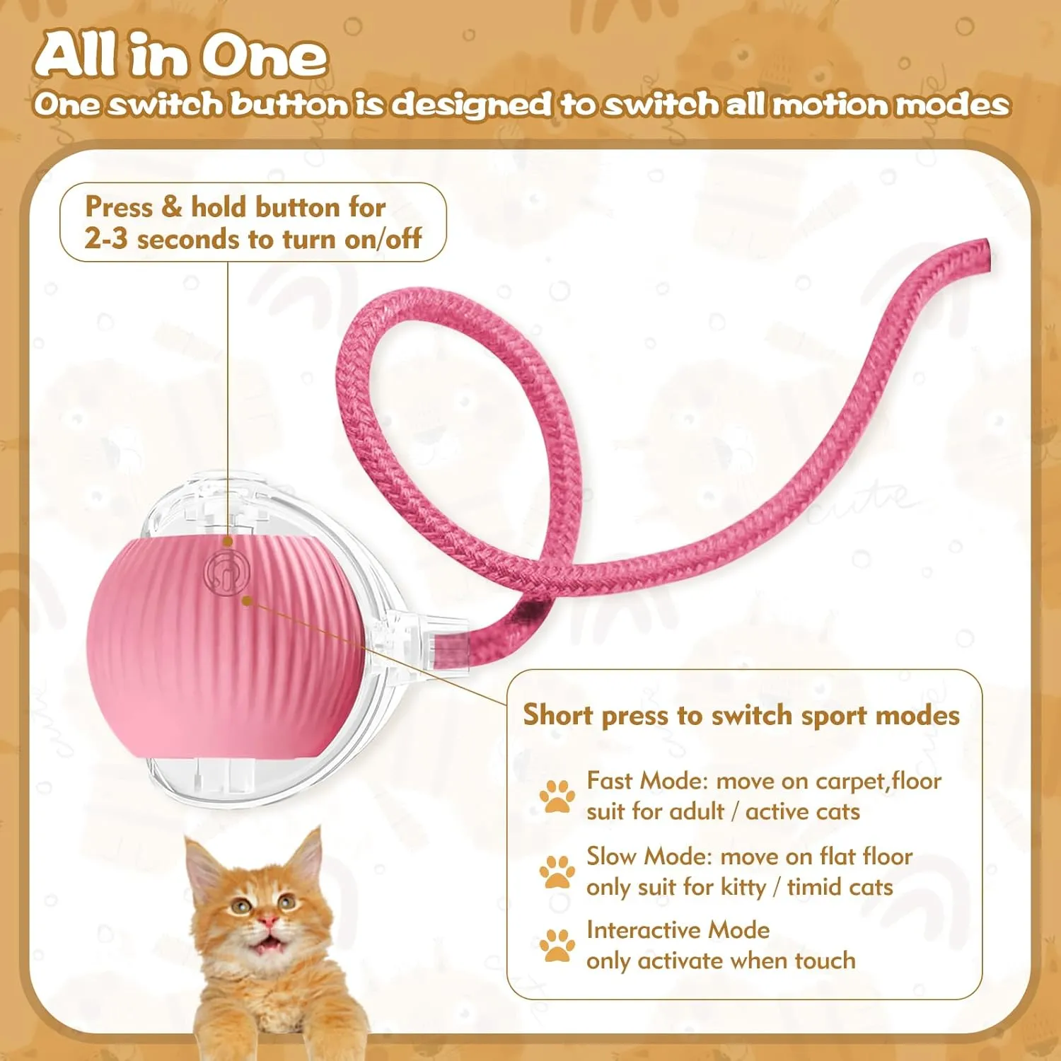 Interactive Cat Ball Toys for Indoor Cats, Upgraded Automatic Cat Toys for Bored Indoor Adult Kitty, Peppy Pet Ball for Cats, 360Smart Rolling Kitty Balls Toy (Pink)