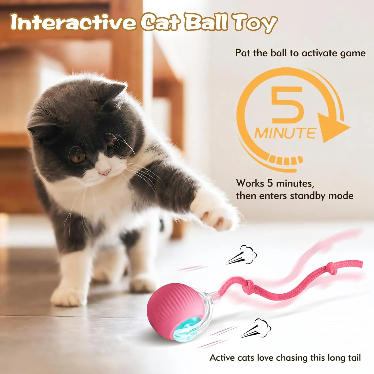 Interactive Cat Ball Toys for Indoor Cats, Upgraded Automatic Cat Toys for Bored Indoor Adult Kitty, Peppy Pet Ball for Cats, 360Smart Rolling Kitty Balls Toy (Pink)