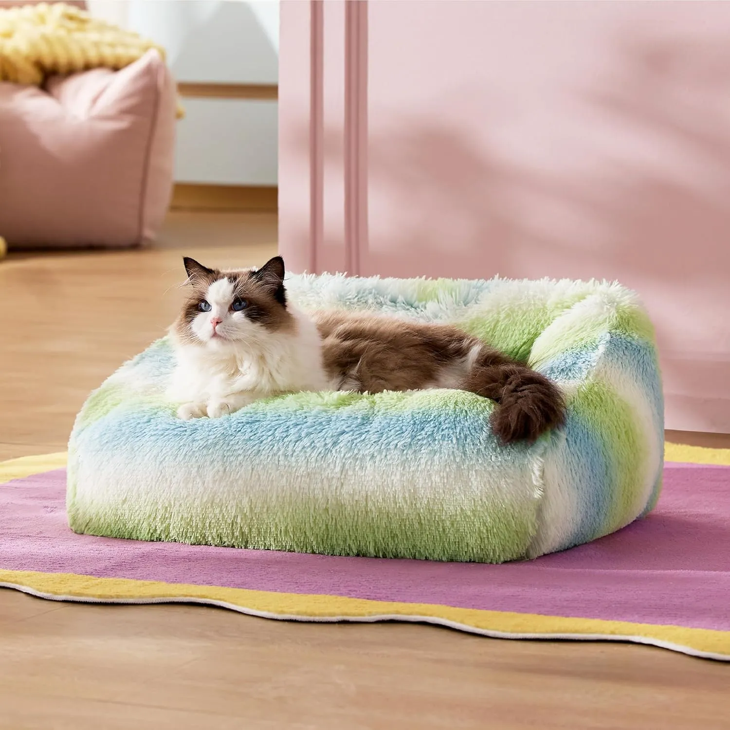 Lesure Cute Cat Bed Indoor - Furry Cat Bed Large, Washable Calming Small Dog Beds for Puppy with Fashion Design, 26x21x9inches, Green Stripe