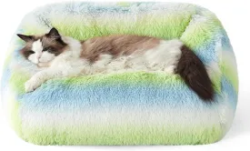 Lesure Cute Cat Bed Indoor - Furry Cat Bed Large, Washable Calming Small Dog Beds for Puppy with Fashion Design, 26x21x9inches, Green Stripe