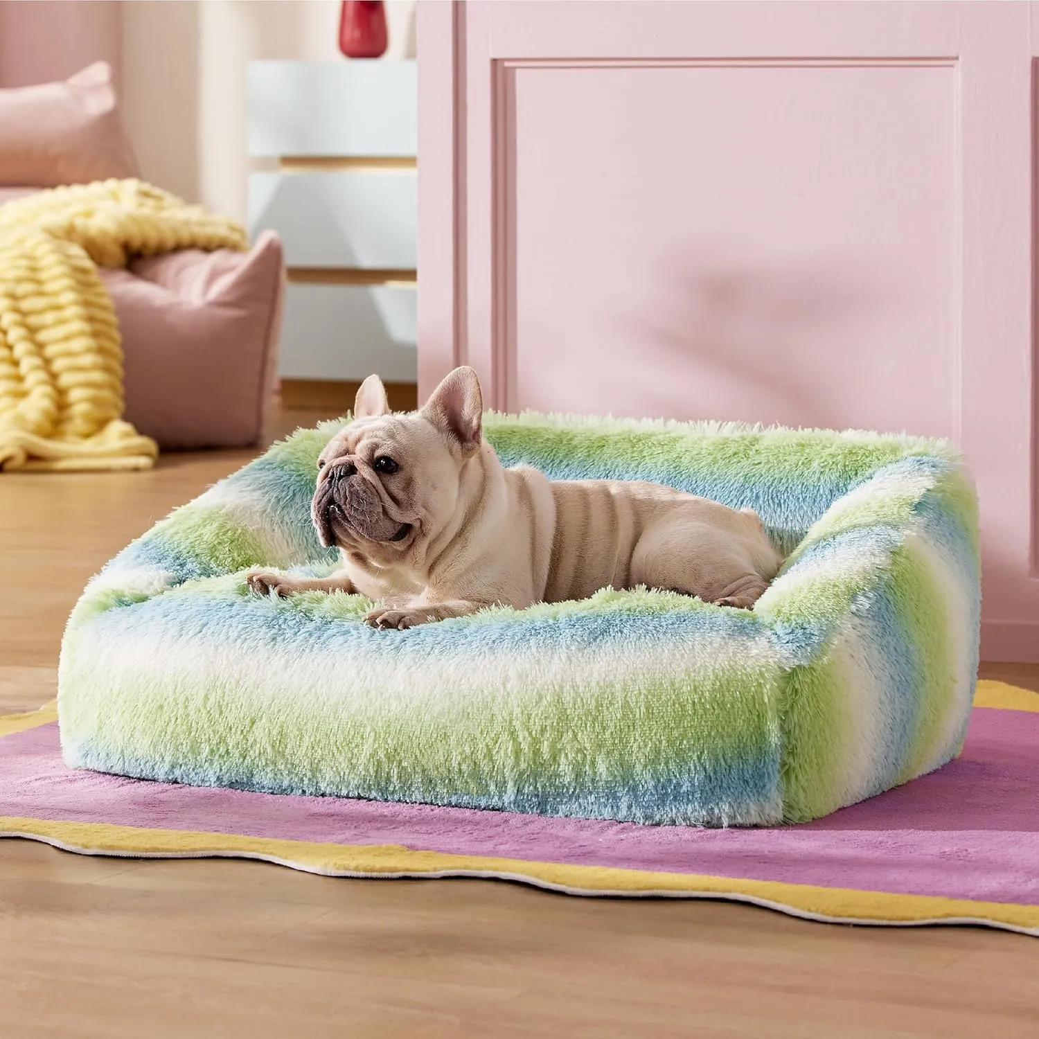Lesure Cute Cat Bed Indoor - Furry Cat Bed Large, Washable Calming Small Dog Beds for Puppy with Fashion Design, 26x21x9inches, Green Stripe